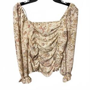 Vintage Style Floral Ruched Long Sleeve Blouse